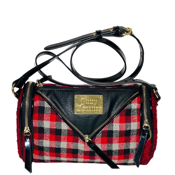 Juicy Couture Baguette Gingham Red Black Buffalo Check Plaid Wool Shoulder Bag - Picture 1 of 10